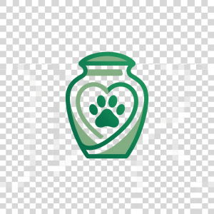 Urn with paw print heart and flame above the text PRIVATE PET CREMATION.